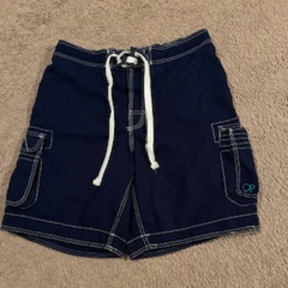 Men's OP Shorts Swim Trunks Blue Velcro Fly Drawstring Enclosure Size Large
